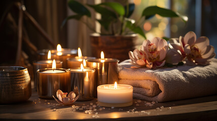 Spa Salon Decoration with Candles and White Lotus Flowers, Cotton Towel. Massage center luxury spa resort room. Beauty Wellness Concept. Aromatherapy relaxing atmosphere,  detox procedure, wellness