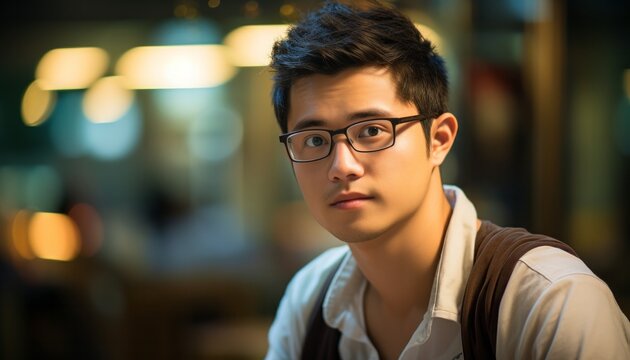 30 year old Asian student with dark short hair and glasses, blurred background, copy space