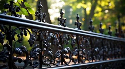 Wrought iron fence with intricate vine motifs. - obrazy, fototapety, plakaty