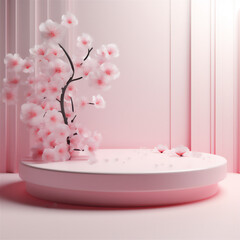 The 3D background a geometric platform in soft pink tones with a sakura branch. mockup