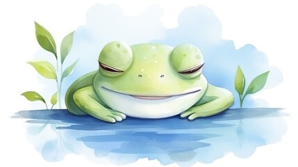  a green frog sitting on top of a blue surface next to a plant.  generative ai