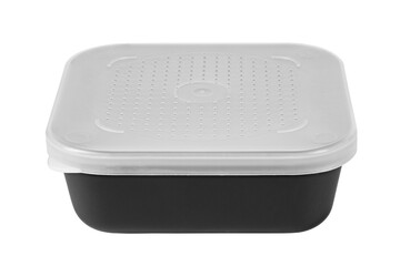 Closed black plastic box with a white lid isolated on a white background.