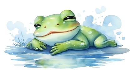  a green frog sitting on top of a body of water.  generative ai