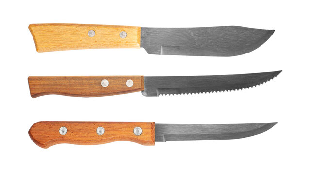 Three different kitchen knives with a wooden handle. Isolated on white background.