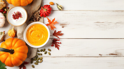 Pumpkin puree in bowl over light background. Healthy diet food concept. Top view, flat lay