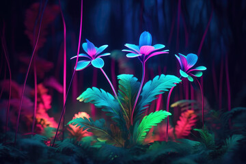 Plants glowing in neon light, at night.