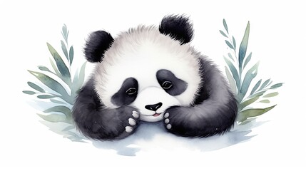  a black and white panda bear sitting on top of a green plant.  generative ai
