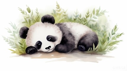  a painting of a panda bear laying down in the grass.  generative ai