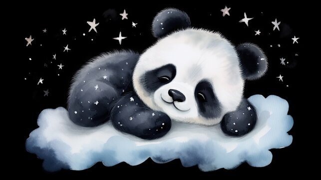  a painting of a panda bear sleeping on a cloud with stars.  generative ai
