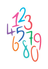 hand drawn numbers 0-9 on white background. colored numbers