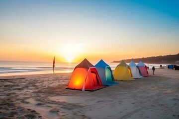 bright beach tents with beautiful sunset backdrop. Generative AI