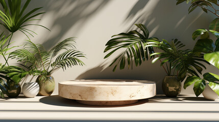 Fototapeta premium Minimal natural log wood podium table in sunlight UHD wallpaper Stock Photographic Image
