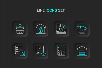 Set line Warehouse, Calculator, Carton cardboard box, Verification of delivery list, Conveyor belt with, Closed warehouse and icon. Vector