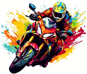  a person riding a motorcycle on a colorful background with paint splatters.  generative ai