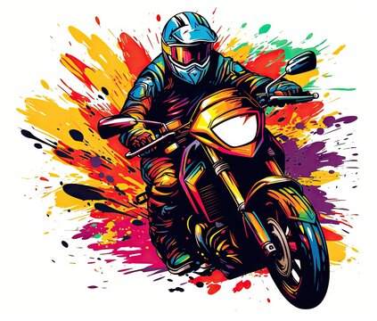  a man riding a motorcycle on top of a colorful paint splattered background.  generative ai