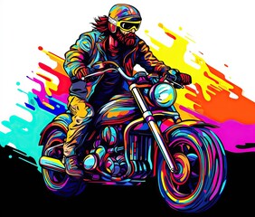  a man riding a motorcycle with a colorful background behind him.  generative ai