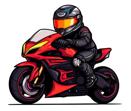  a man riding a red motorcycle on a white background with a helmet on.  generative ai