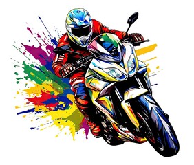  a person riding a motorcycle on a colorful background with paint splatters.  generative ai