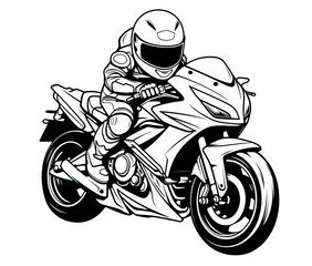  a black and white drawing of a person riding a motorcycle.  generative ai
