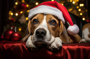 Dog with a Santa hat on the Christmas background