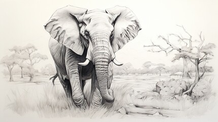  a pencil drawing of an elephant walking through a grassy field.  generative ai