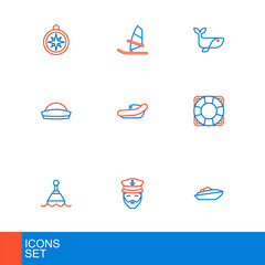 Set line Speedboat, Captain of ship, Floating buoy, Lifebuoy, Sailor hat, Inflatable with motor, Whale and Windsurfing icon. Vector