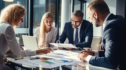 Business Team Analyzing Financial Reports in a Modern Office