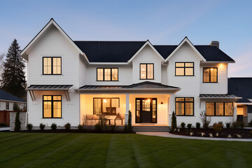 Beautiful modern farmhouse style luxury home exterior at twilight  - obrazy, fototapety, plakaty
