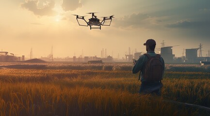 Fly the drone for observation work to check the field - obrazy, fototapety, plakaty