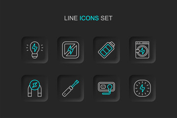 Set line Lightning bolt, Electrical outlet, Screwdriver, Magnet, Washer, Battery charge, No lightning and Creative lamp idea icon. Vector
