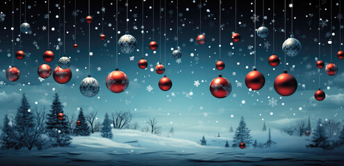 Fototapeta na wymiar Red Christmas balls in a blue forest background