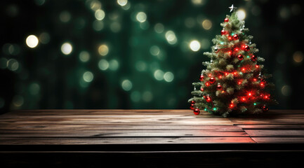 Fototapeta na wymiar wooden table with a Christmas tree on the blur Christmas background