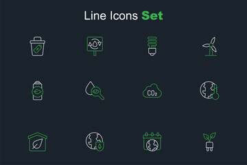Set line Electric saving plug in leaf, World Earth day, with shield, Eco friendly house, melting to global warming, CO2 emissions cloud, Drop and magnifying glass and nature battery icon. Vector