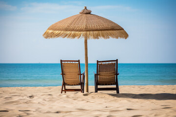 Chairs In Tropical Beach With Palm Trees On Coral Island - obrazy, fototapety, plakaty