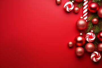 Red Christmas decorations with Red Ornaments Illustration of the New Year on a Red Background with Copy Space Top-down flat lie. Minimalist aesthetics.