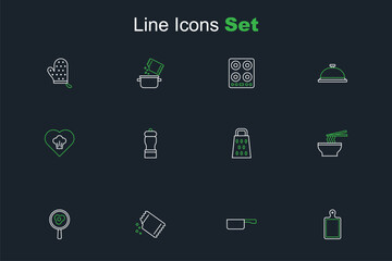 Set line Cutting board, Frying pan, Packet of pepper, Fried eggs on frying, Asian noodles bowl, Grater, Pepper and Chef hat icon. Vector