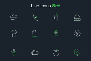 Set line Four leaf clover, Apple, Wooden log, Corn, Clover, Leaf, Waterproof rubber boot and Mushroom icon. Vector