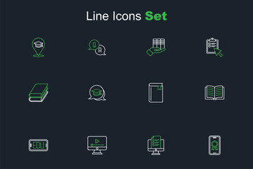 Set line Online education with diploma, quiz, test, survey, play video, Open book, Book, Graduation cap speech bubble and icon. Vector