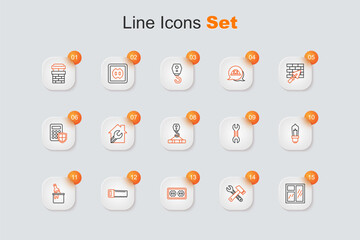 Set line Window in room, Electrical outlet, Hand saw, Paint bucket with brush, Light bulb, Wrench spanner and Crane hook icon. Vector