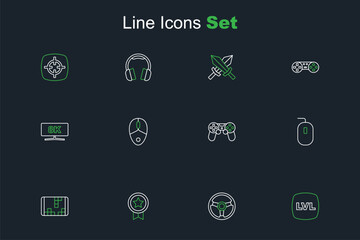 Set line Level game, Racing simulator, Game rating with medal, Portable video console, Computer mouse, controller joystick, and monitor icon. Vector