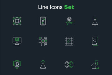Set line Chip for board game, Puzzle pieces toy, Chess, Playing cards, Board, Tic tac toe and Game dice icon. Vector