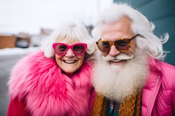 An eccentric older couple embraces the winter with funky fashion, sporting pink fur coats and red jackets with moustache sunglasses and funky eyewear, radiating joy and style as they brave the cold