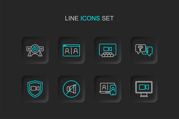 Set line Video chat conference, Mute microphone, Question and Answer, and Web camera icon. Vector