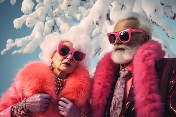 An older, eccentric senior couple donning funky pink fur coats and stylish sunglasses stand out against the winter landscape, with snow-covered trees and a bright blue sky serving as their backdrop