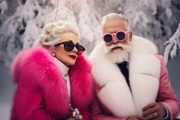 An eccentric senior couple embraces the winter chill in funky pink fur coats and stylish sunglasses, exuding a fearless attitude and unapologetic fashion sense while surrounded by the snow landscape