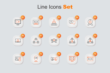 Set line Video chat conference, Meeting, and Web camera icon. Vector