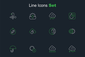 Set line Cloud with snow, rain, Sun, Umbrella, Eclipse of the sun, Moon phases, and Compass icon. Vector
