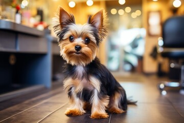 a small cute yorkshire terrier getting his hair groomed and cut at the hairdresser salon for dogs. Satisfied clean pet