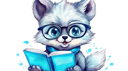  a raccoon wearing glasses reading a book with a blue scarf around its neck.  generative ai