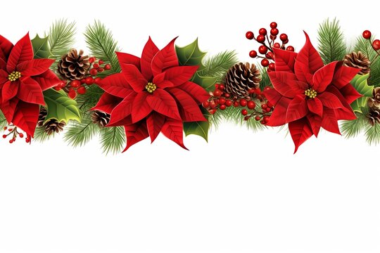 Festive trimmings. Red poinsettia flowers, a Christmas tree branch, and red berries, all placed on a white backdrop with copy space. Horizontal top-down lay.